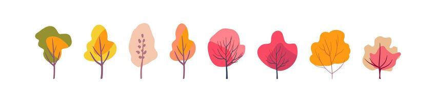 Autumn set of colorful trees. Pink and red folk plants. Orange and yellow tree crowns on a white background. Hand drawn. Flat vector