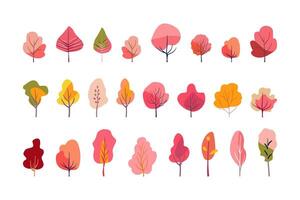 Autumn set trees folk. Pink and red plants. Orange and yellow tree crowns on a white background. Hand drawn. Isolated vector