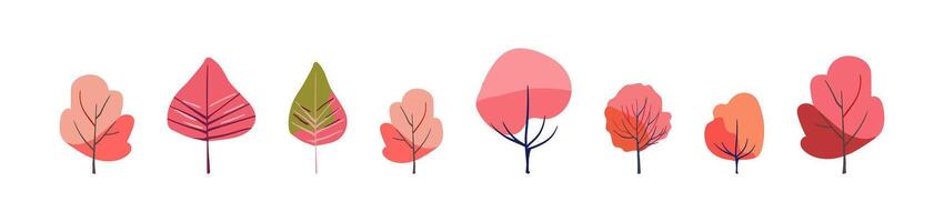 Autumn set of trees. Pink and red folk plants. Orange and yellow tree crowns on a white background. Hand drawn. Flat vector