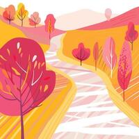 Path in the hills. Autumn red pink trees and plants. Yellow fields. Square poster postcard. Hand drawn, vector