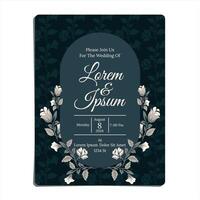 WEDDING INVITATION DESIGN WITH DARK BACKGROUND AND GREY FLOWERS AS A FRAME vector