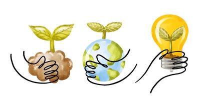 Set of illustrations with hands holding planet earth with leaf, vector