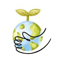 Set of illustrations with hands holding planet earth with leaf, vector