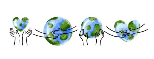 Set save ecology on the planet. Careful attitude to nature. Hand vector