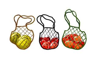 Mesh bag with oranges, apples, watermelons, bottles of water and vector