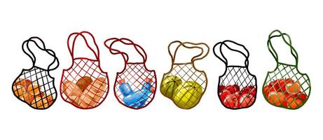 Mesh bag with oranges, apples, watermelons, bottles of water and vector