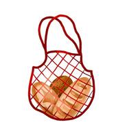 Mesh bag with oranges, apples, watermelons, bottles of water and vector