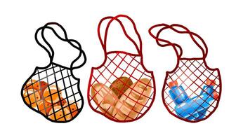 Mesh bag with oranges, apples, watermelons, bottles of water and vector