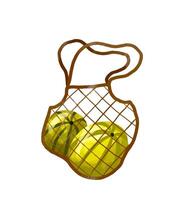 Mesh bag with oranges, apples, watermelons, bottles of water and vector