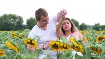 Cheerful couple dancing and hugging amidst sunflowers in field at sunset video