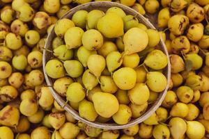 Yellow pears in a basket on the counter of a farmers market. photo