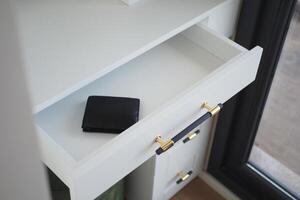 a wallet in a open drawer closeup. photo