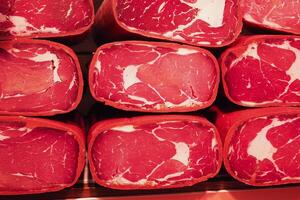 Fresh Cut Beef Stack of Raw Beef Slices in a Butcher Shop, ideal for cooking and culinary use photo
