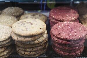 Many different cookies on trays display bakery cafe photo