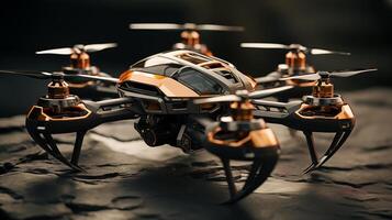 Sophisticated drone with sleek design, copper accents closeup image. UAV close up photography marketing. Advanced technology concept photo realistic. Quadcopter picture photorealistic