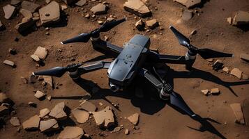 Modern, matte black drone rests on arid soil closeup image. UAV close up photography marketing. Desert expedition concept photo realistic. Quadcopter on ground picture photorealistic