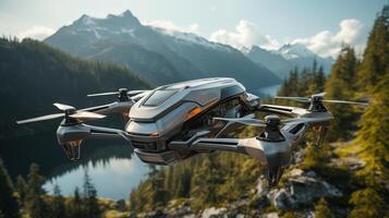 Advanced drone soars above mountainous forest closeup image. Quadcopter close up photography marketing. Technology concept photo realistic. Natural preservation picture photorealistic