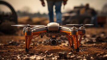 Orange drone positioned on rough terrain closeup image. Camera UAV close up photography marketing. Construction technology hobby concept photo realistic. Blurred man on background picture