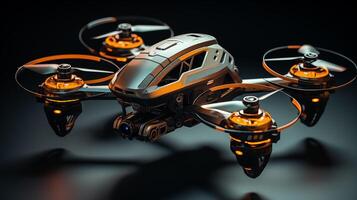 Futuristic drone with metallic body and orange lighting closeup image. UAV close up photography. Technology concept photo realistic. Quadcopter hovering above matte surface picture