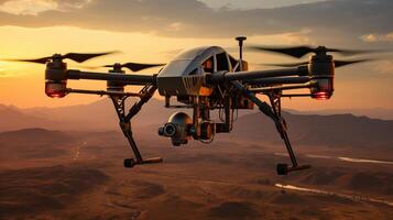 Drone captures undulating landscape of remote desert area closeup image. Quadcopter close up photography marketing. Technology concept photo realistic. Golden light of sunset picture