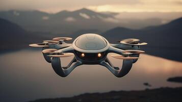 Futuristic drone surveys mountain-rimmed lake closeup image. Quadcopter close up photography marketing. Technology concept photo realistic. UAV in hazy twilight picture photorealistic