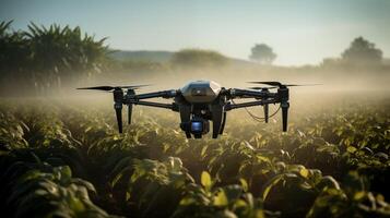 Hovering drone with camera over crop field at dawn closeup image. UAV close up photography marketing. Smart farming concept photo realistic. Soft light through morning mist picture