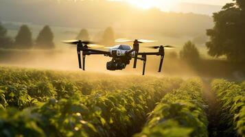 Professional drone flies over crop field at dawn closeup image. UAV close up photography. Agricultural technology concept photo realistic. Sunlight casting warm glow on fields picture