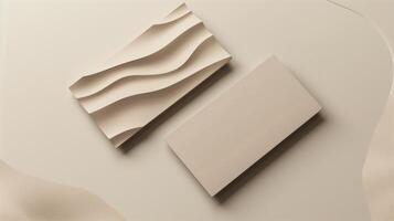 Minimalistic blank card mockup on beige surface with wavy texture accent. Elegant and creative design. Businesscard template advertising image. Stationery mock up product photorealistic photo