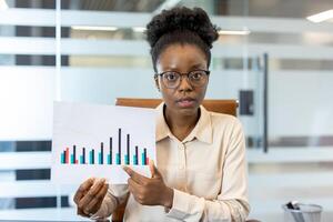 Businesswoman holding chart with bar graph, explaining data analysis during call modern office. Concept of online business meetings, virtual presentations, digital communication, remote work. photo