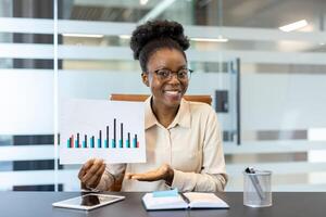 Smiling businesswoman showing financial chart during office meeting. Confident professional explaining business performance with graph. Modern office environment with tablet and documents on desk. photo