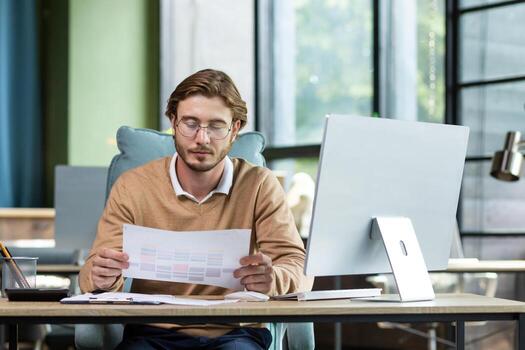 un joven empresario, persona de libre dedicación, programador se sienta en el oficina a un mesa con un computadora, trabajos con documentos, horarios, facturas, en un proyecto, fecha límite con el tiempo.. foto