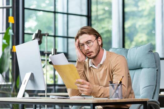 Man upset in office reading message on paper, businessman received mail envelope with notification and bad news, sitting at workplace with computer. photo