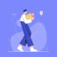 flat illustration delivery man walking is sending a package vector