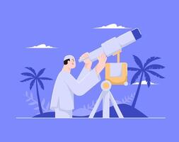 flat illustration UI Muslim astronomy is looking at the moon the new moon of Ramadan vector