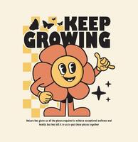 Funny and groovy cartoon character of flower. design can be used as t shirt design, sticker, poster, print and apparel design. groovy illustration in retro style vector