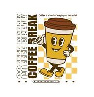 Funny and groovy cartoon character of coffee cup. design can be used as t shirt design, sticker, poster, print and apparel design. groovy illustration in retro style vector