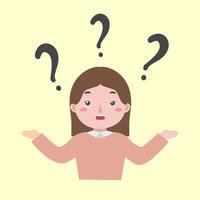 Illustration of girl with question mark, good for showing confused, uncertainly, questioning about something, isolated on light yellow background vector