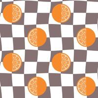 Retro Groovy Background. Seamless pattern with checkers and oranges. 60's style. Design for packaging, background, wallpaper, t-shirt vector