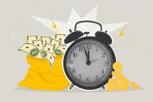 Trendy halftone collage. Time is money.Concept of money,wealth,accumulation,time. Alarm clock with money bag and stacks of coins. Time is worth money,interest rate, dividend concept, income, return vector
