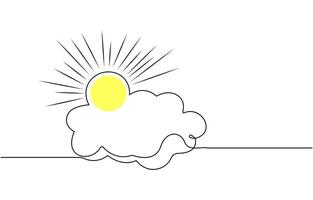 One continuous line drawing of Clouds with sun in the sky.Continuous one line drawing of sun cloud line art drawing illustration Sun and clouds in the sky vector