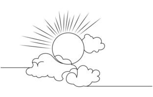 One continuous line drawing of Clouds with sun in the sky.Continuous one line drawing of sun cloud line art drawing illustration Sun and clouds in the sky vector