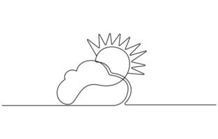 One continuous line drawing of Clouds with sun in the sky.Continuous one line drawing of sun cloud line art drawing illustration Sun and clouds in the sky vector