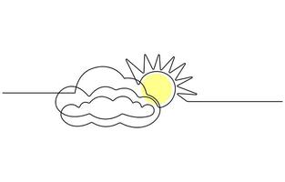 One continuous line drawing of Clouds with sun in the sky.Continuous one line drawing of sun cloud line art drawing illustration Sun and clouds in the sky vector