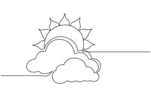 One continuous line drawing of Clouds with sun in the sky.Continuous one line drawing of sun cloud line art drawing illustration Sun and clouds in the sky vector