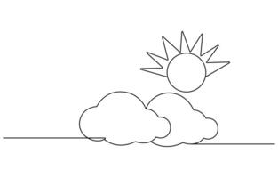 One continuous line drawing of Clouds with sun in the sky.Continuous one line drawing of sun cloud line art drawing illustration Sun and clouds in the sky vector