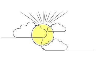 One continuous line drawing of Clouds with sun in the sky.Continuous one line drawing of sun cloud line art drawing illustration Sun and clouds in the sky vector