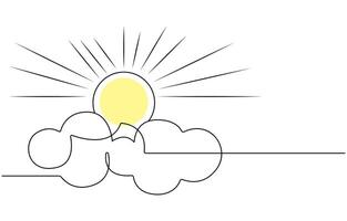 One continuous line drawing of Clouds with sun in the sky.Continuous one line drawing of sun cloud line art drawing illustration Sun and clouds in the sky vector