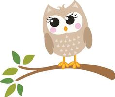 Adorable owl on branch with leaves vector