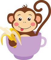 Monkey eating a banana inside a purple cup vector