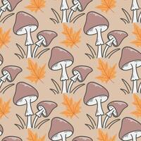 Mushroom autumn seamless pattern with maple leaves vector